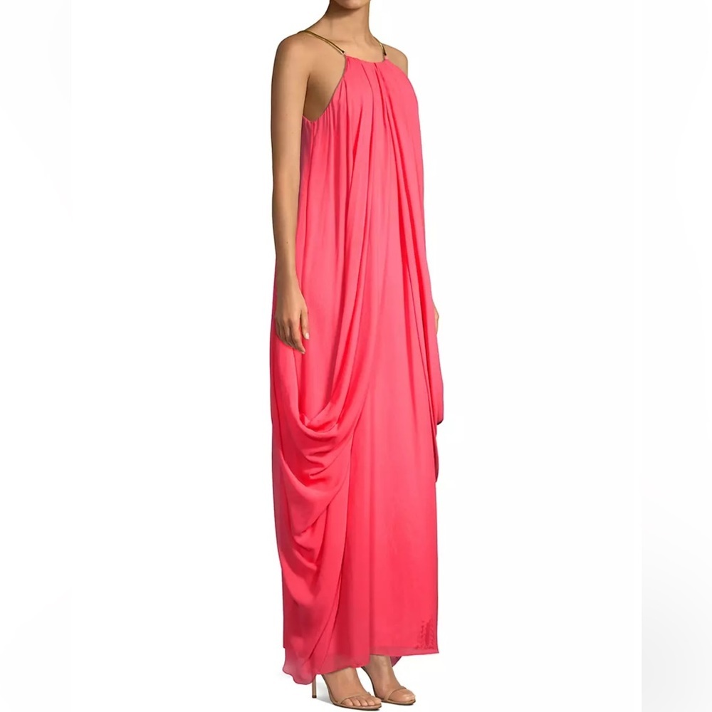 TRINA TURK Blue Lagoon Pink Silk Georgette Maxi Dress Gold Chain Straps sz XS